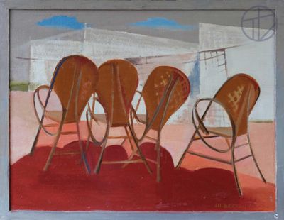 un tableau représentant un ensemble de chaises posées sur un tapis rouge