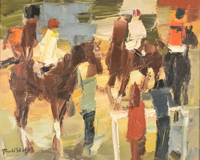 une peinture représentant un groupe de personnes à cheval