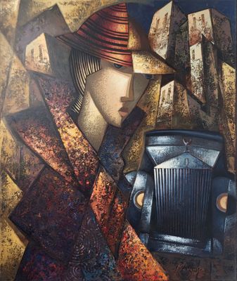 un tableau représentant une femme en chapeau et manteau, avec une voiture