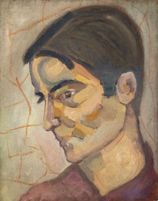 tableau représentant un homme en chemise rouge, les yeux fermés