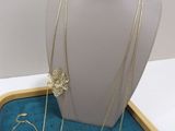 a close up of a necklace and earrings on a display case