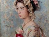 painting of a woman in a dress with a flower in her hair