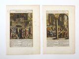 deux vieux livres contenant des illustrations représentant des personnes et des animaux dans une pièce