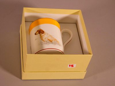 a yellow and white cup in a box with a picture of a dog on it