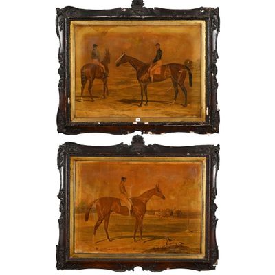 paire de peintures à l'huile anglaises du XIXe siècle représentant des chevaux et des cavaliers