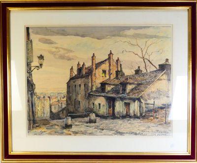aquarelle encadrée représentant une scène de rue avec des bâtiments et un lampadaire