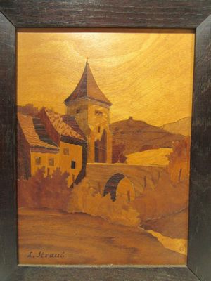 an image of a painting of a church and a bridge