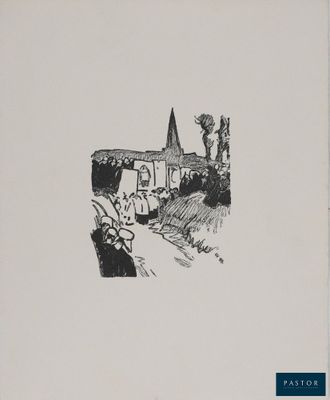 un dessin en noir et blanc représentant une église avec une personne assise sur un banc