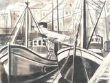 un dessin représentant un bateau dans un port, avec d'autres bateaux dans l'eau