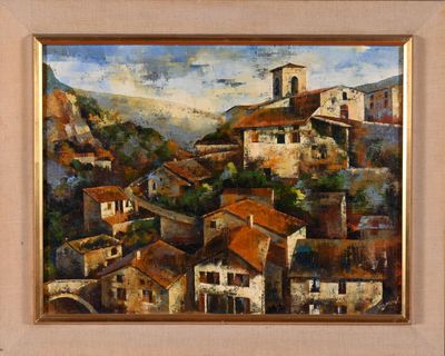 une image d'un tableau représentant un village sur une colline