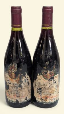 deux bouteilles de vin ornées d'une carte, posées l'une à côté de l'autre
