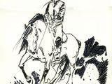 drawing of a man riding a horse in a field with a dog