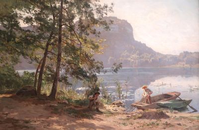 a painting of two people sitting on a boat by the water