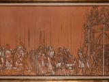 painting of a group of people standing in front of a building
