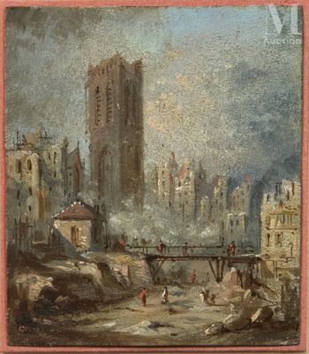 an image of a painting of a view of a city with a bridge in the foreground