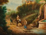 a painting of a group of people walking down a hill