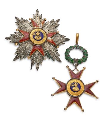 deux médailles et une couronne sur fond blanc