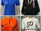 four different colored shirts with logos on them on a mannequin