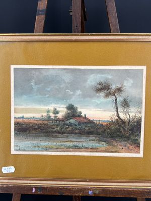 peinture représentant un paysage avec une rivière et une maison au loin