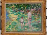 a painting of a man and a child walking in a field