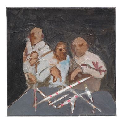 a painting of three men holding a baby and a teddy bear