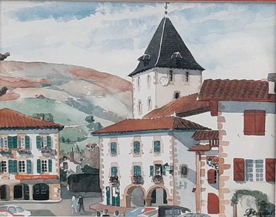 une photo d'un tableau représentant une ville avec une tour horloge