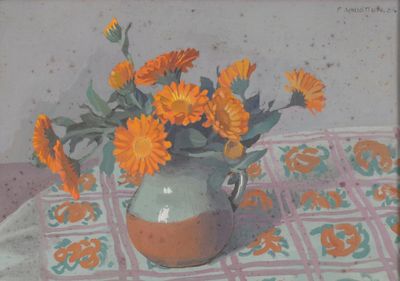 une peinture représentant un vase avec des fleurs sur une table