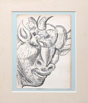 dessin encadré représentant un taureau avec des cornes sur la tête