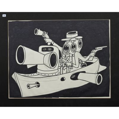 dessin représentant un homme dans un bateau, muni d'une longue-vue et d'un fusil