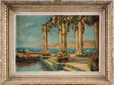une peinture à l'huile représentant un jardin avec des colonnes et des fleurs au bord de l'eau