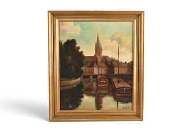 une image représentant un tableau où l'on voit une église et des bateaux sur une rivière