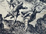 an image of a drawing of a man flying through the air with a bow
