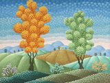 a painting of two trees in the middle of a field