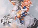 tableau représentant un homme à cheval, vêtu d'une tenue orange et bleue