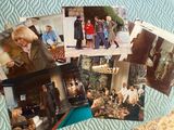 many pictures of people on a bed with a blue comforter