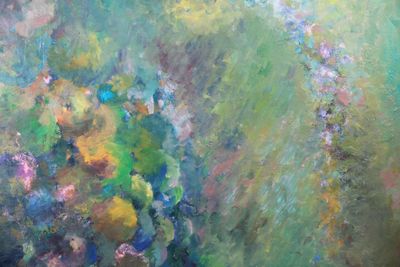 abstract painting of a bunch of flowers in a vase on a table