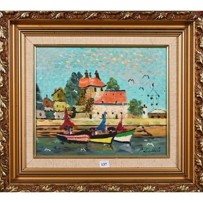 une peinture à l'huile représentant des bateaux sur l'eau près d'une petite ville