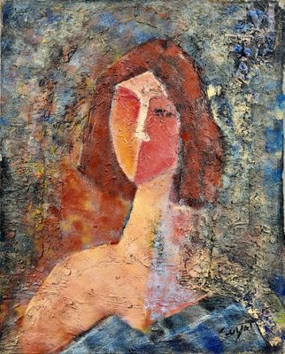 une peinture à l'huile représentant une femme en robe bleue assise sur une chaise