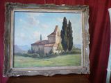 une photo d'un tableau représentant une maison dans un champ