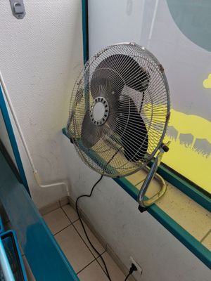 a fan that is sitting in front of a window