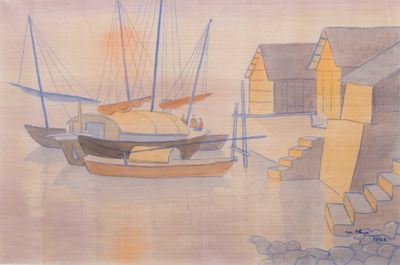 NGUYEN THU (1930-2023), « Paysage du Vietnam », 1983, Aquarelle sur so