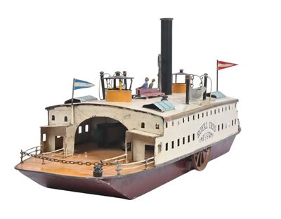 a model of a steamboat boat on display on a white background