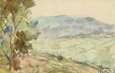 une aquarelle représentant un paysage avec une montagne en arrière-plan