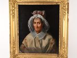 un vieux tableau représentant une femme portant un bonnet et une robe