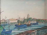 a painting of boats on the water in a harbor