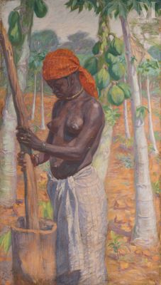 une peinture à l'huile représentant un homme tenant un bâton en bois dans un champ
