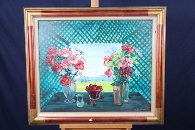 un tableau représentant des fleurs dans des vases, posé sur un chevalet