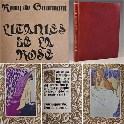 an old book with a picture of a woman in a purple dress and a red book with a picture of a woman in a purple dress