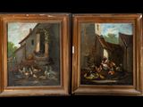 pair of oil paintings of chickens and chickens outside a barn
