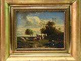 tableau représentant des vaches paissant dans un pré, avec des arbres et des nuages en arrière-plan